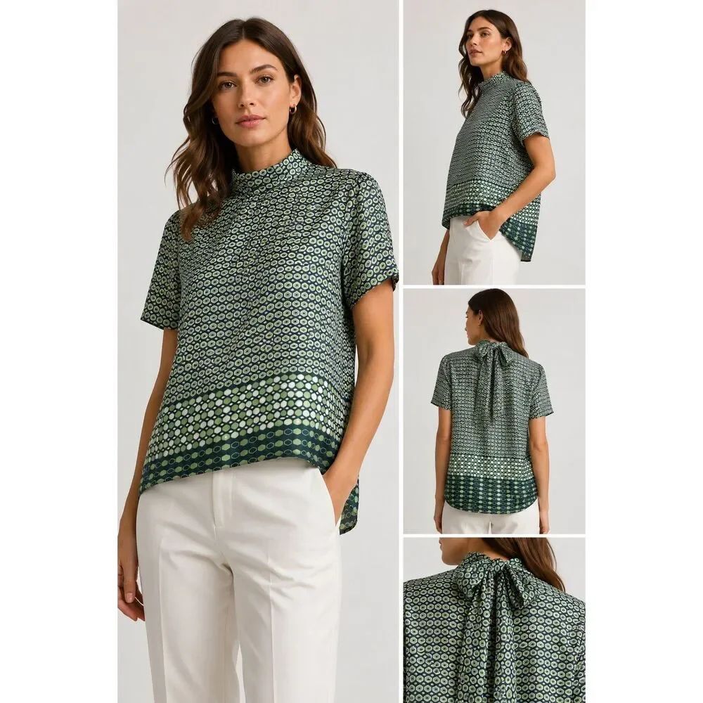 Rare European Zara Woman Limited Edition Satin Geometric Tie Neck Blouse Size M